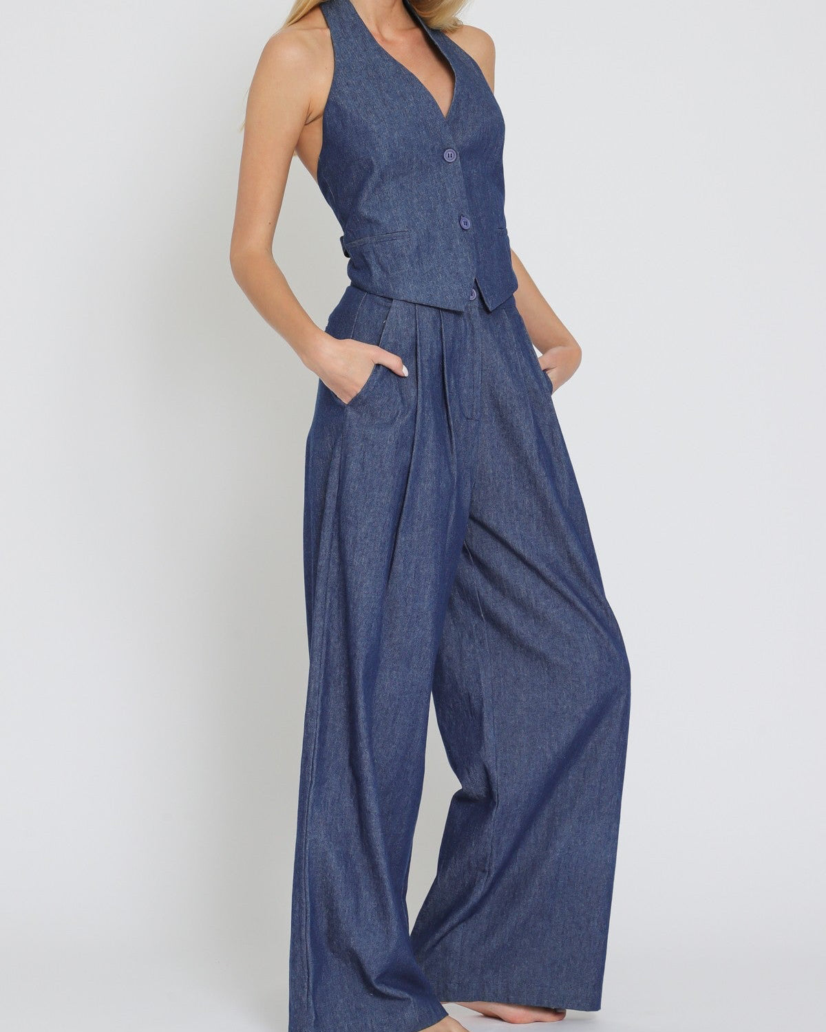 Halter Denim Vest/Pant Set