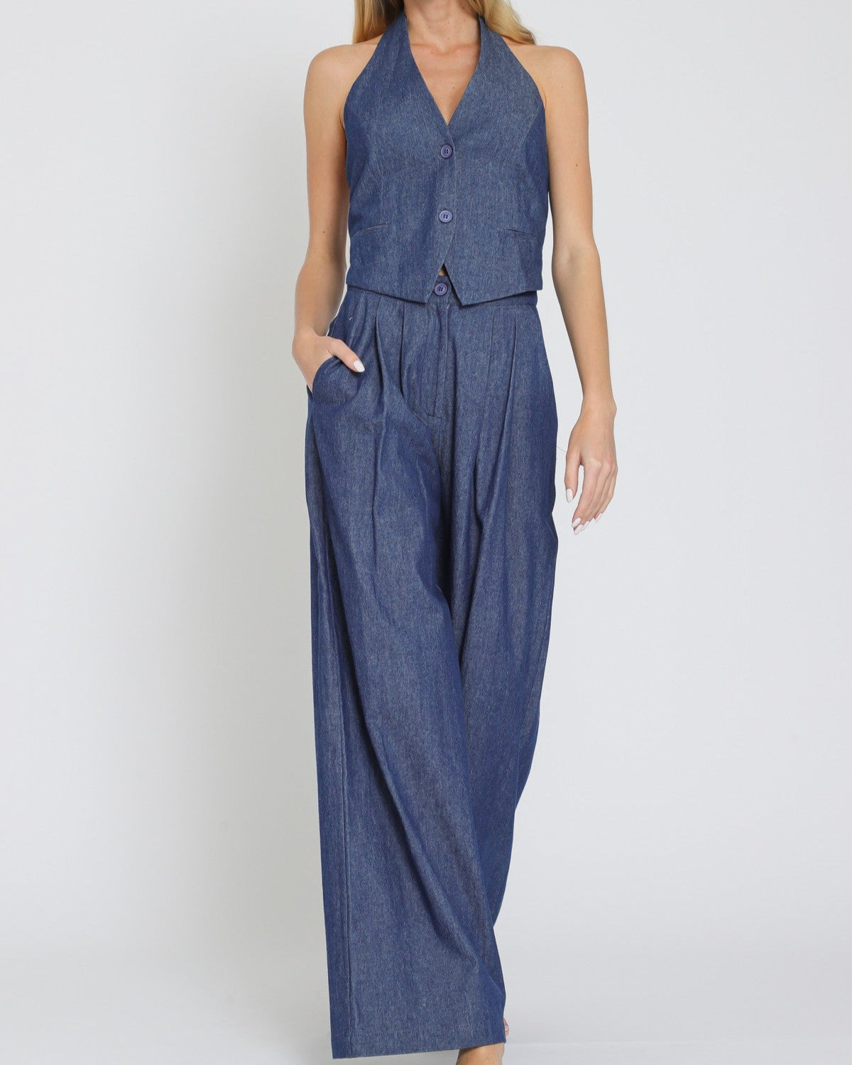 Halter Denim Vest/Pant Set