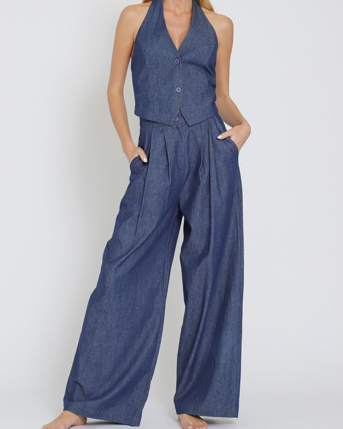 Halter Denim Vest/Pant Set