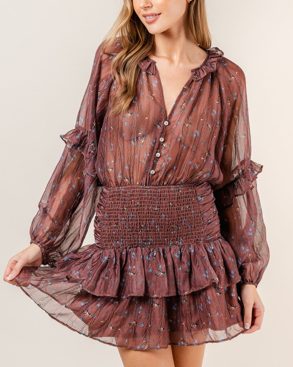 Smocked Button Mini Dress