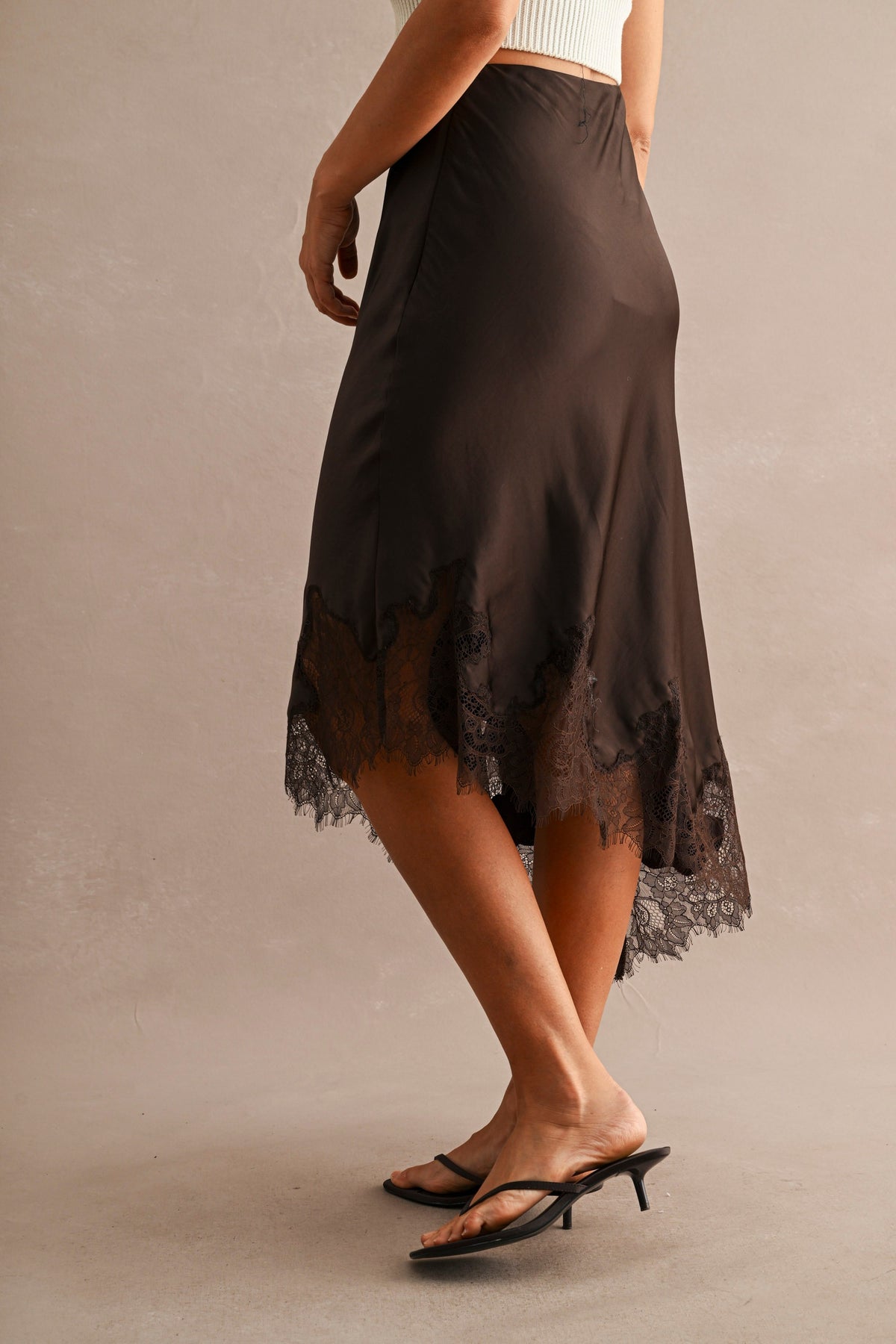Lace Trim Asymmetric Satin Skirt