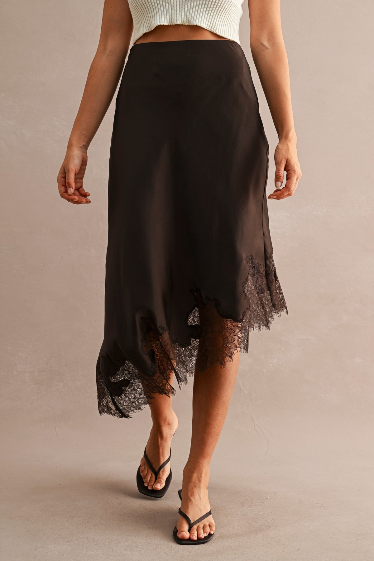 Lace Trim Asymmetric Satin Skirt