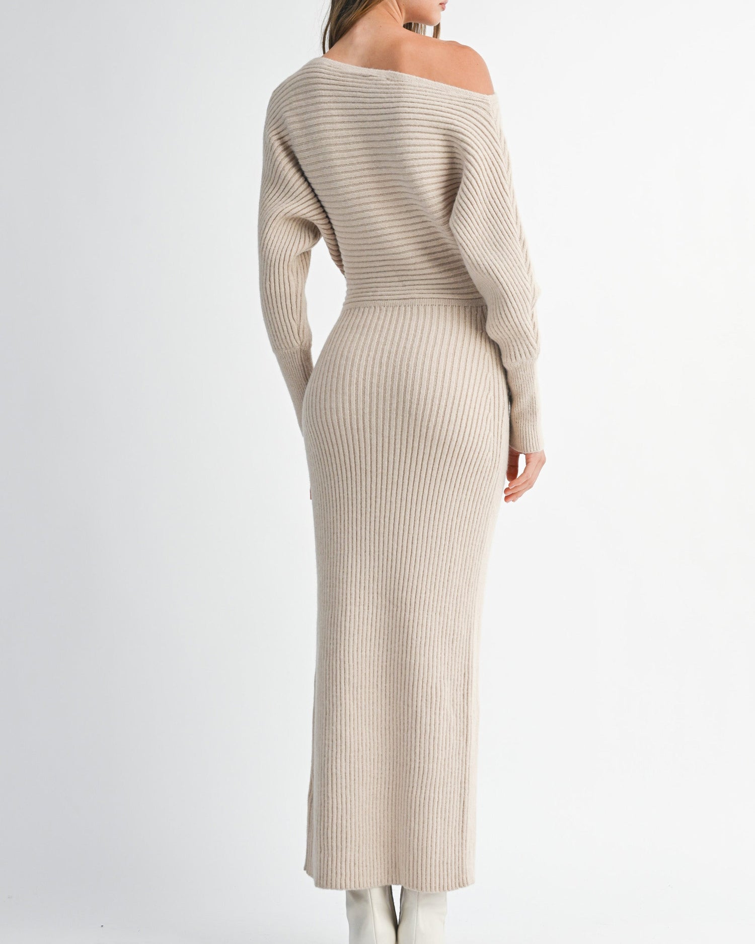 Off Shoulder Ribbed Midi Dress