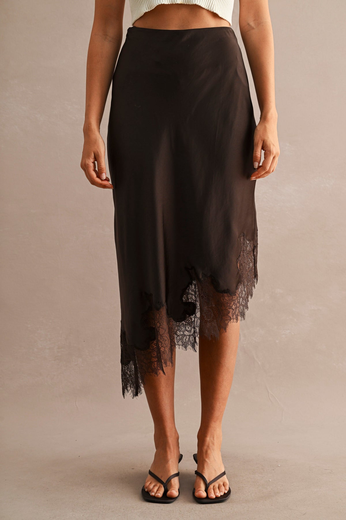 Lace Trim Asymmetric Satin Skirt